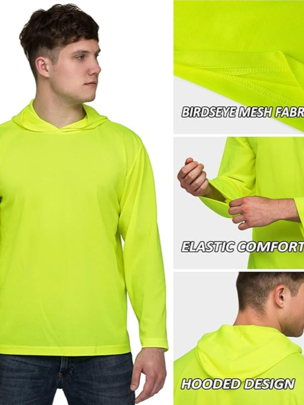 Men's UPF 50+ Sun Protection Hoodie Shirt 3-Pack, Long Sleeve Moisture-Wicking Quick-Dry Breathable Outdoor Performance T-Shirt for Hiking, Fishing, and Running – Sizes S to XXXL, Fluorescent Yellow