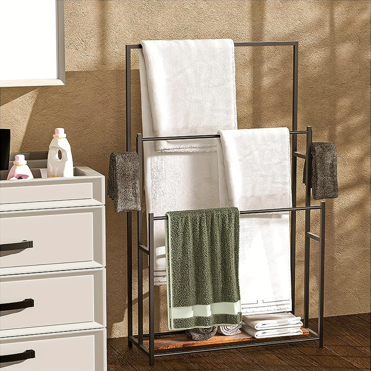 47" 3-Tier Free Standing Floor Towel Rack – Oversized Pool & Bath Towel Drying Rack Blanket Quilt Holder Stand for Bathroom Bedroom Beach Hot Tub Gym & Pool in Black