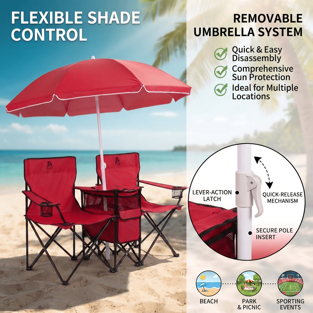 2-Person Folding Camping Chairs with Removable Umbrella – Portable Outdoor Chairs with Insulated Pocket Dual Cup Holders & Storage Pouch for Camping Picnic Beach Fishing Patio in Black & Red