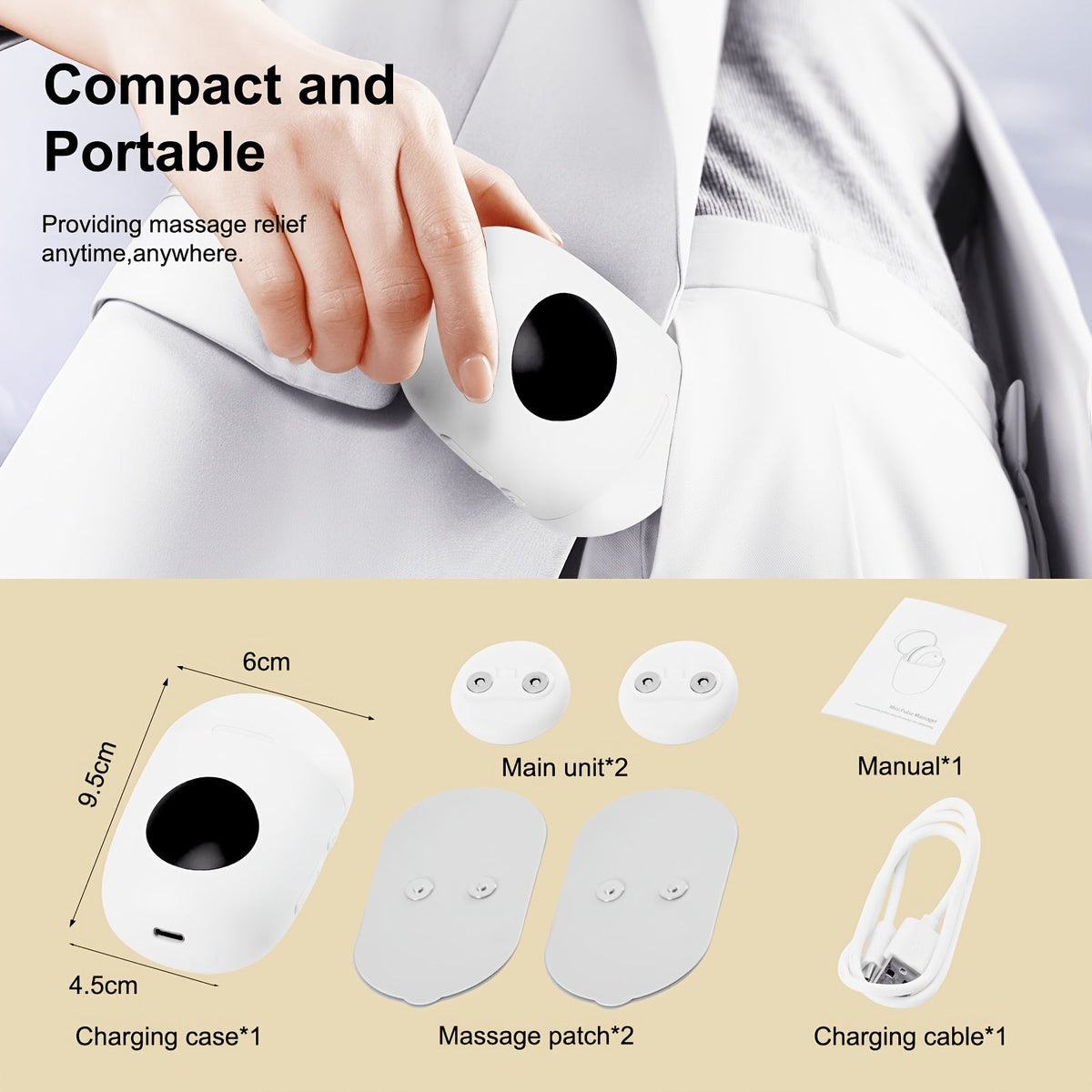 Wireless TENS EMS Muscle Stimulator - Cordless Rechargeable, 6 Modes & 16 Intensity Levels, Dual Pads - Back, Neck, Shoulder & Sciatica Pain Relief - Portable, Home & Travel - White