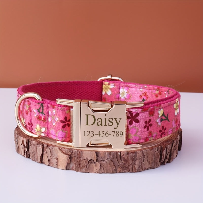 Personalized Dog Collar with ID Tag - Customizable Anti-Lost Pet Collar in 21 Styles, Adjustable XS to XL for Small, Medium, and Large Dogs, Plaid, Floral, and Dot Patterns, Engraved Contact Information