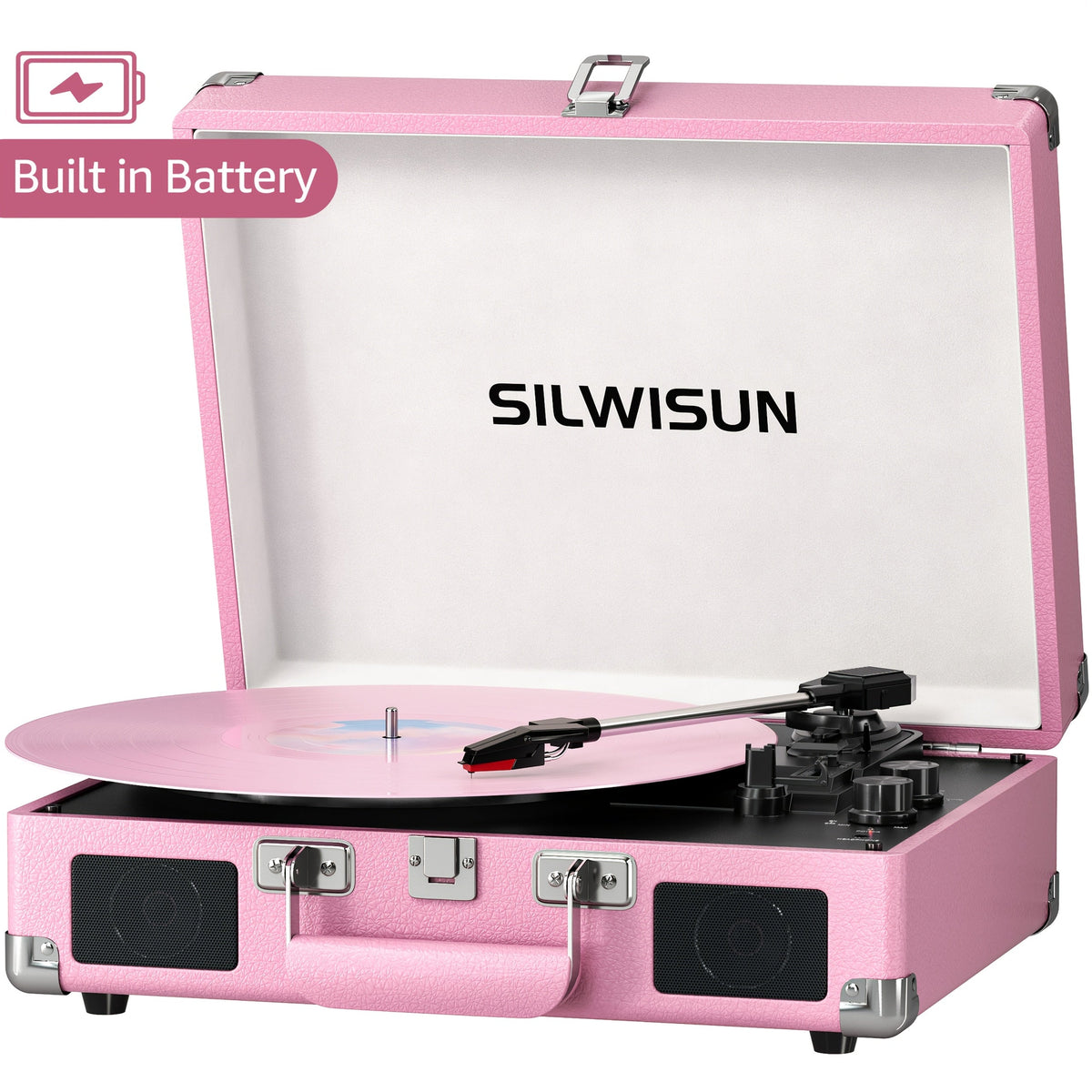 Portable Suitcase Vinyl Record Player – 3-Speed Turntable with Built-In Battery Wireless Speakers Headphone Jack AUX & RCA in Pink Green Brown