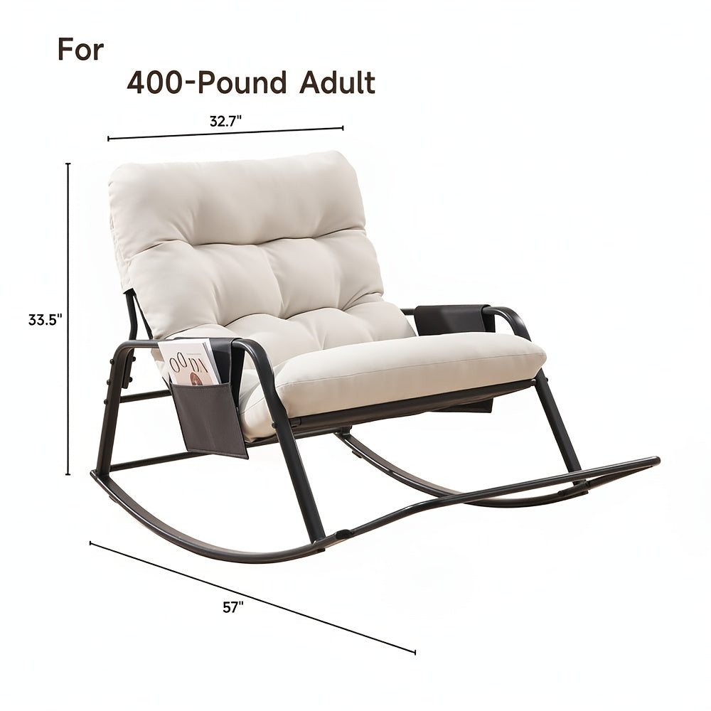 Oversized Outdoor Patio Upholstered Rocking Chair with 5.5" Thick Cushion, Footrest & Double-Sided Storage Bags for Patio Terrace Garden & Balcony – Non-Slip Backing, Available in Beige & Grey, 1 or 2 Pack