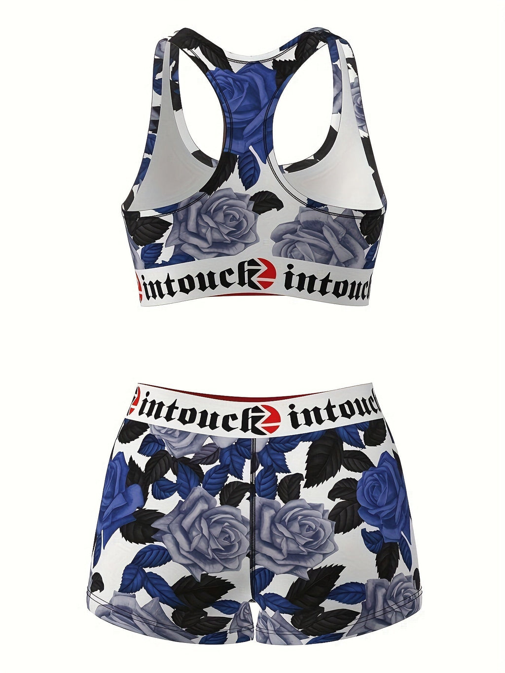 Women's Blue Rose Floral Print Sports Bra & Shorts 2-Piece Set – Stretchy Activewear for Gym, Yoga, Running, and Fitness; Matching Loungewear for Teens; Summer Festival Vintage Style