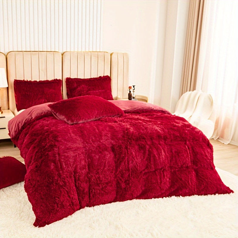 Plush Duvet Cover Set 3 Piece, Long Hair Knitted Polyester, Solid Color Fuzzy Comforter Cover with Zipper Closure, All-Season Soft Cozy Bedding Set for Bedroom, Multiple Colors Available