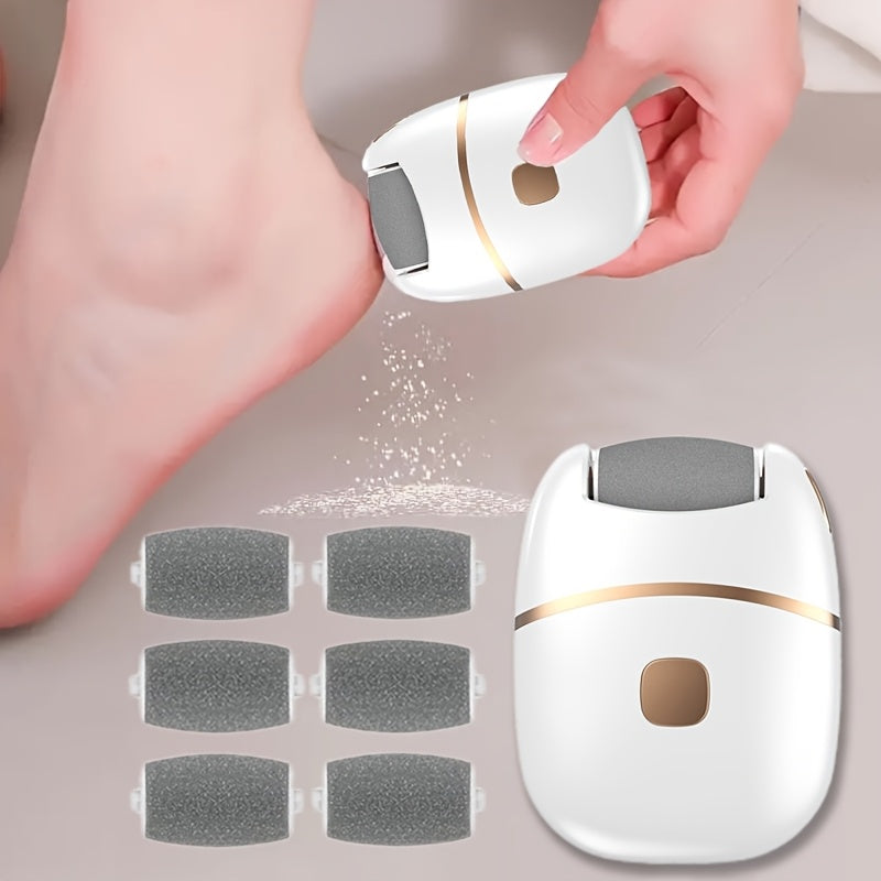 Rechargeable Electric Foot Scrubber - 6 Interchangeable Heads - Dead Skin Removal & Polishing - USB Powered - Ergonomic Handle - White & Gold Two-Tone Design