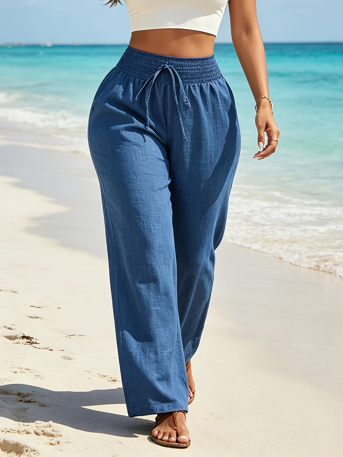 Women's High-Waisted Wide Leg Pants - Elastic Waist Loose Flowing Trousers, Beach Vacation Travel Pants, Casual Boho Palazzo Pants for Women S M L XL