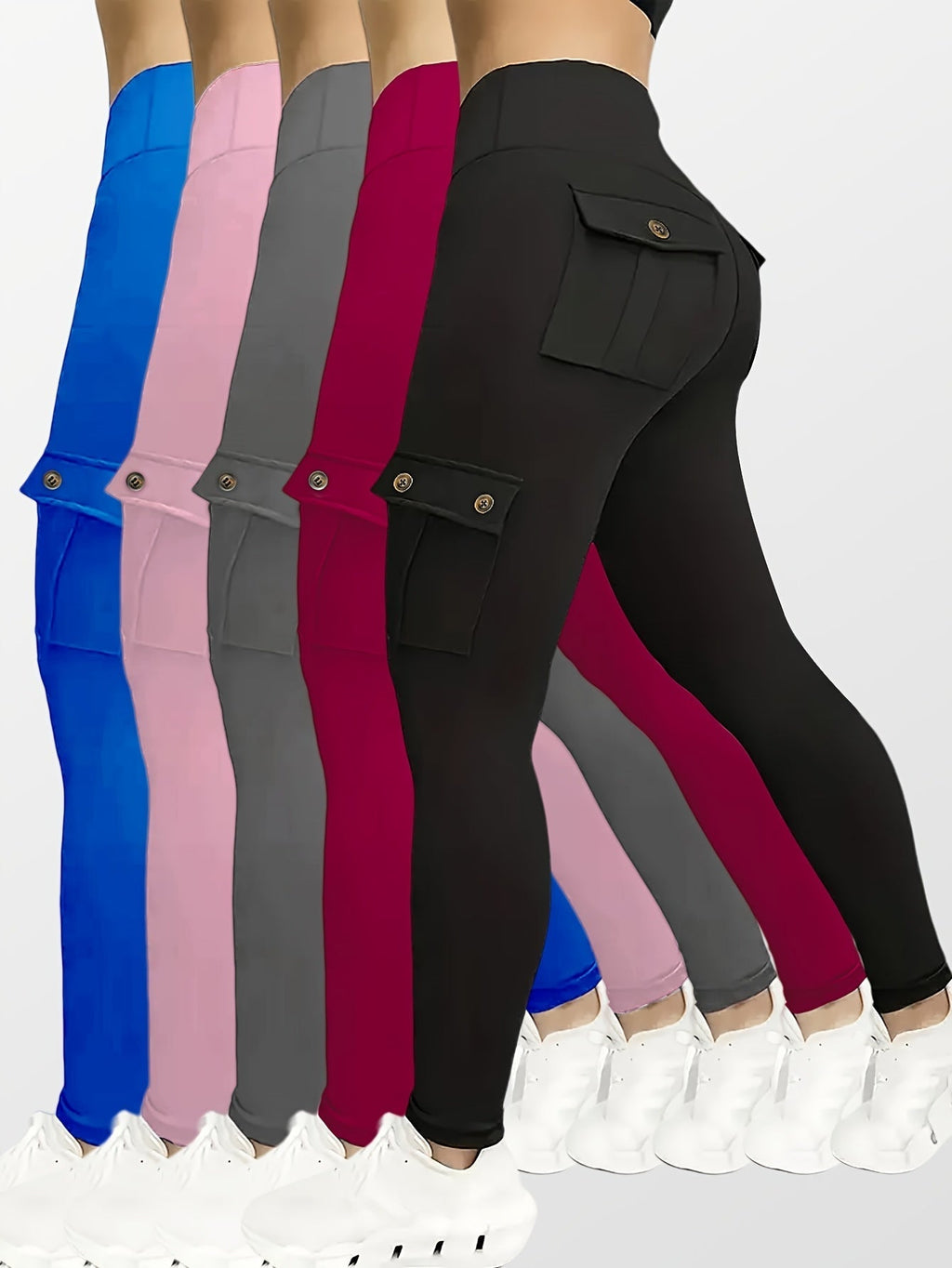 Women's High-Waist Yoga Leggings with Pockets 5-Pack, Elastic Stretchy Running Sports Leggings S-XXL, Solid Colors (Black, Navy Blue, Gray, Pink, Red), Flap Pocket Button Design Activewear Set