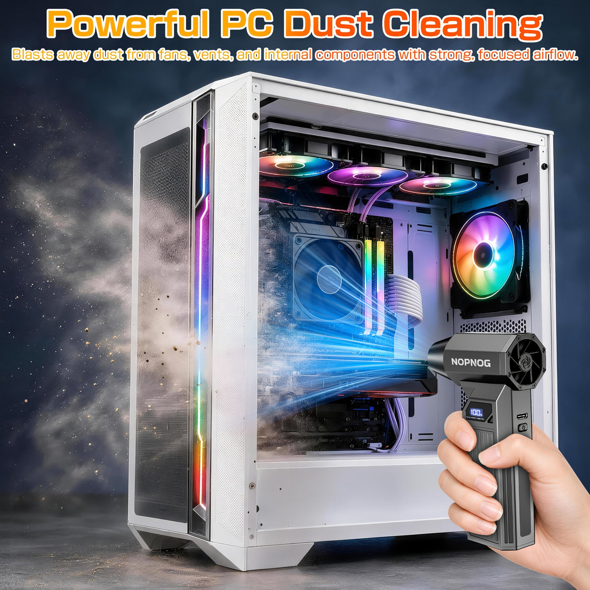 110,000 RPM Cordless Turbo Electric Air Duster – 4-Speed Smart Display 5 Nozzles & High-Capacity Battery for Computer Keyboard Car & Outdoor Cleaning in Black (with Optional Cleaning Kit)