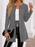 Houndstooth Open Front Cardigan Women's Long Sleeve Loose Coat Spring Fall Fashion Black White Plaid Jacket Casual Streetwear