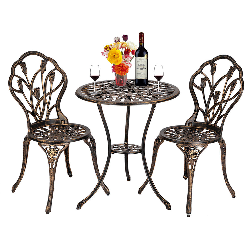 Bonnlo 3-Piece Cast Aluminum Patio Bistro Set Tulip Design Rust-Resistant Outdoor Table & 2 Chairs with Adjustable Feet for Backyard Patio Garden & Balcony – Brown