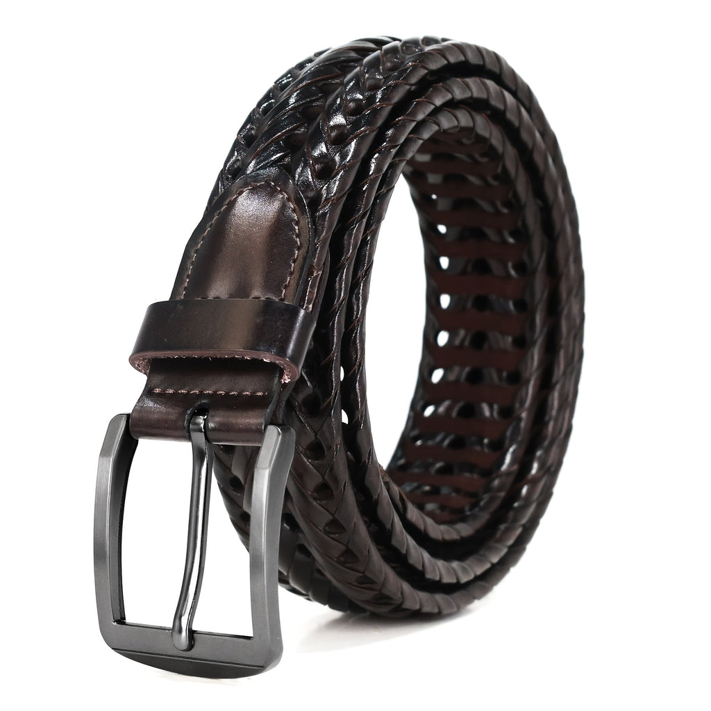 Men's Leather Braided Belt – Woven Hollow Design with Gold Zinc Alloy Buckle, Casual Dress Belt for Golf Pants, Jeans, and Everyday Wear, Sizes 34" to 50", Great Gift for Dad