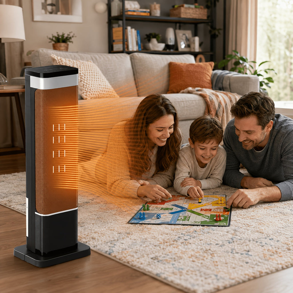 Portable Space Heater for Indoor Use Round or Square with Adjustable Thermostat Remote Control Tip-Over Protection Oscillation & Ambient Light Colors – Silver Black Gold