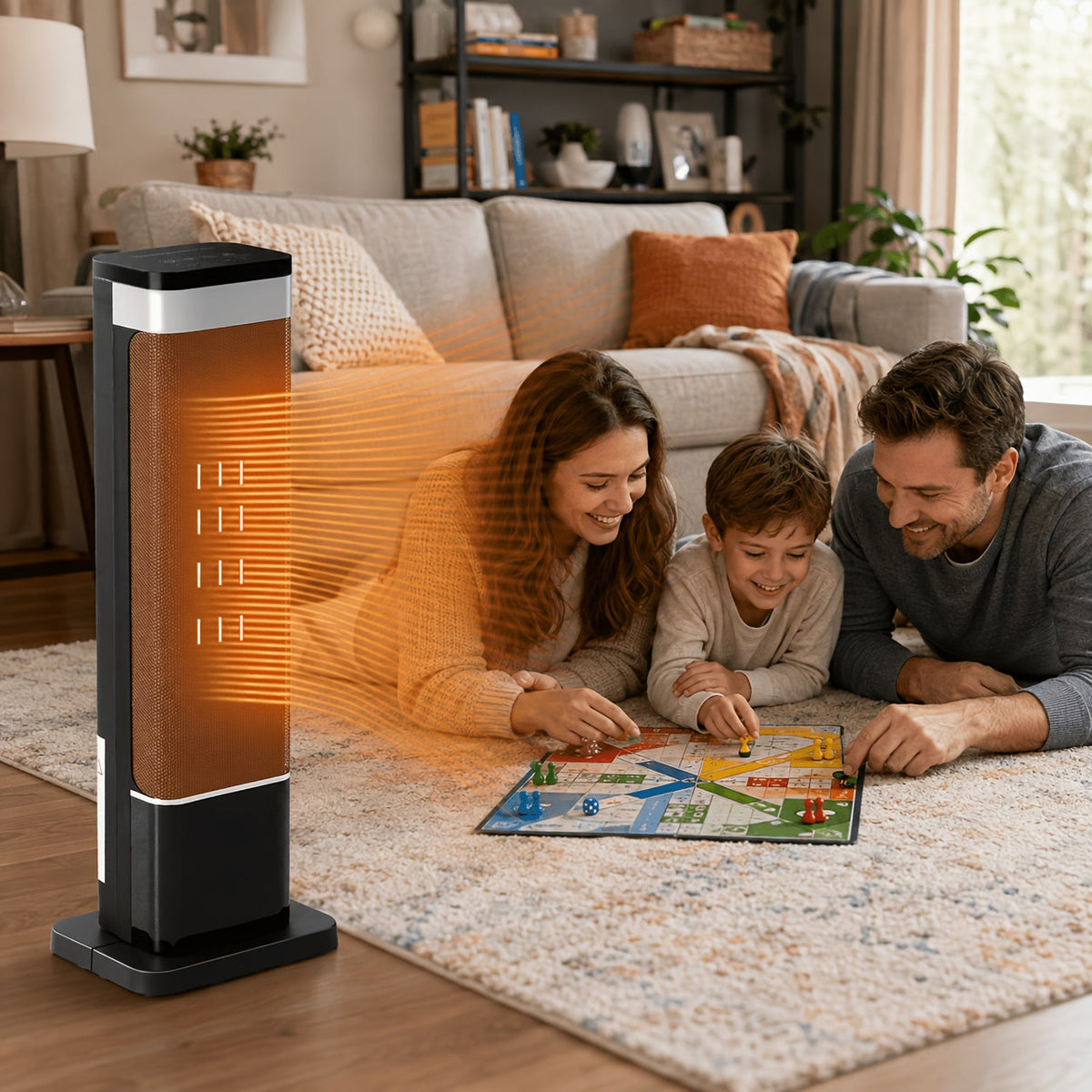 Portable Space Heater for Indoor Use Round or Square with Adjustable Thermostat Remote Control Tip-Over Protection Oscillation & Ambient Light Colors – Silver Black Gold