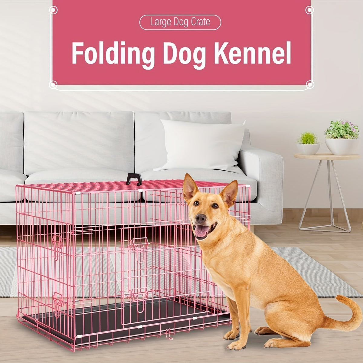 Double Door Folding Metal Dog Crate 42 48 Inch with Divider, Leak-Proof Tray, High-Temp Paint Finish, Wire Kennel for Medium to Large Dogs, Indoor/Outdoor, Black/Blue/Pink