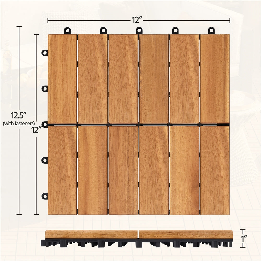 Acacia Wood Interlocking Deck Tiles, Slat Design, Water-Resistant & Non-Slip – Easy Snap DIY Flooring for Patio, Deck, Garden, Balcony & Poolside, 10 or 27 Pack, Natural Wood or Black – Nova Mart