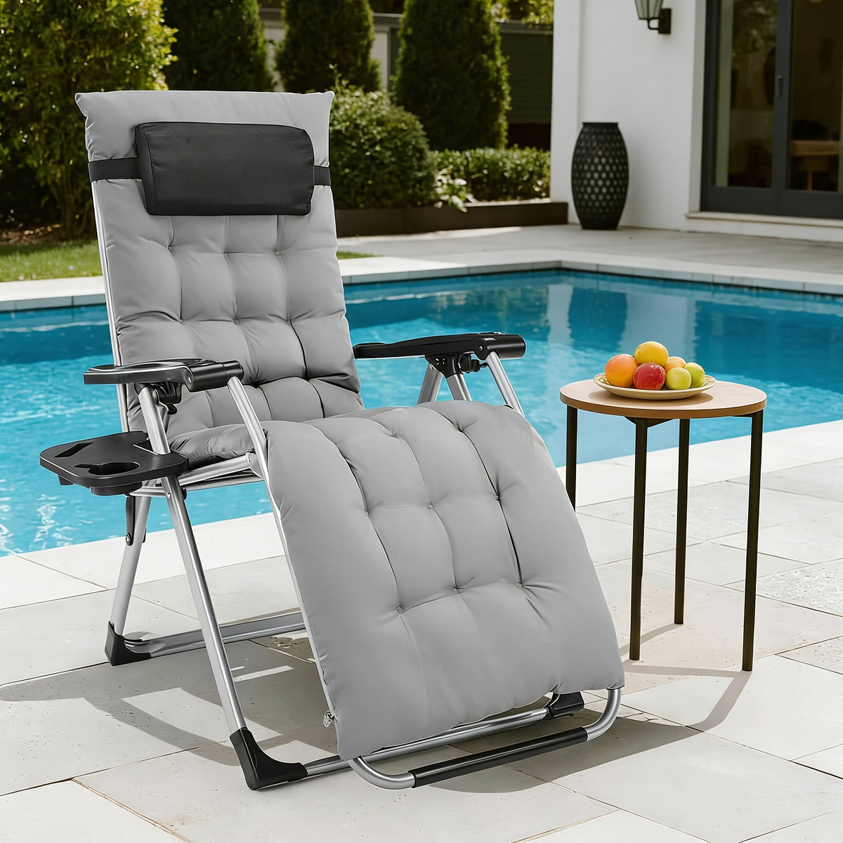 Zero Gravity Recliner Foldable Patio Chair – Removable Cushion & Cup Holder Tray for Beach Patio Poolside Outdoor Lounging