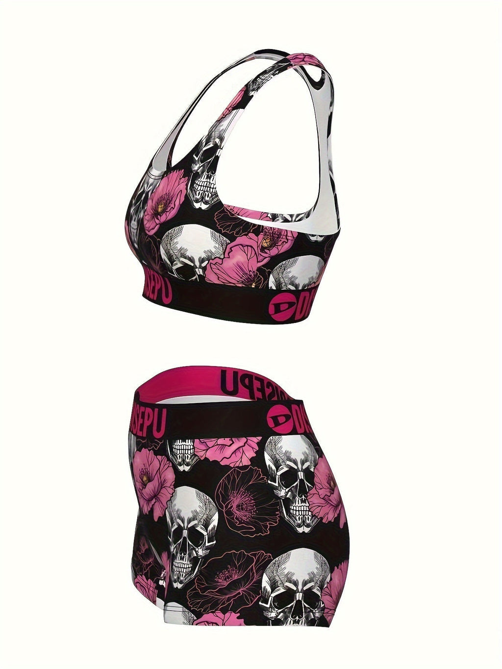 Women's Skull and Pink Flower Print Sports Bra and Shorts Set - 2-Piece Gothic Floral High-Stretch Activewear for Gym, Yoga, Running, Halloween Workouts, Breathable Athletic Outfit, Sizes S-XXL