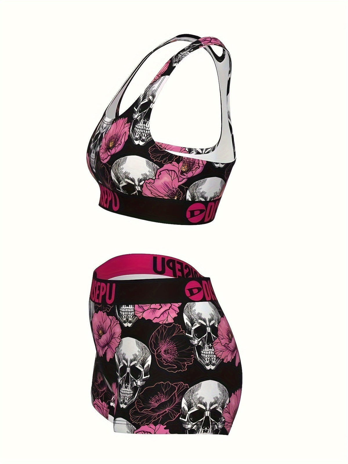 Women's Skull and Pink Flower Print Sports Bra and Shorts Set - 2-Piece Gothic Floral High-Stretch Activewear for Gym, Yoga, Running, Halloween Workouts, Breathable Athletic Outfit, Sizes S-XXL