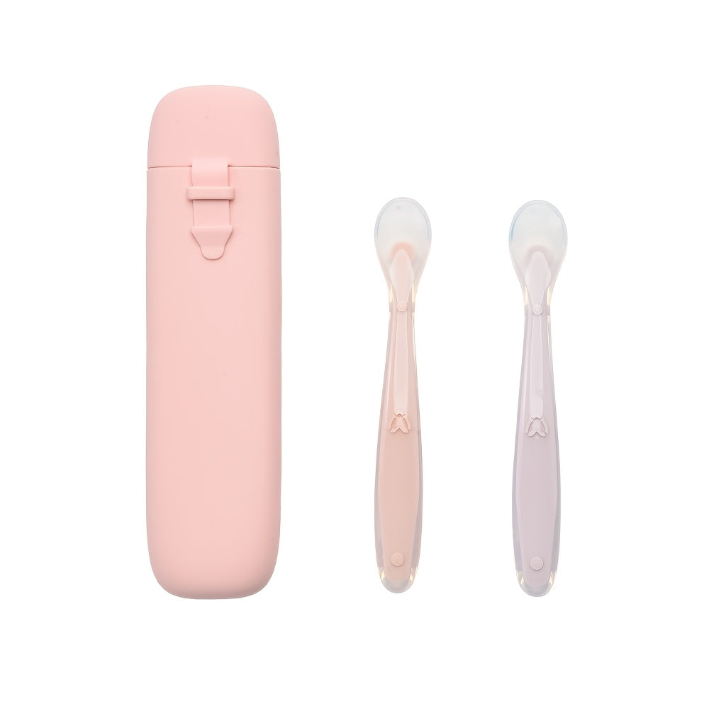 3-Piece Silicone Kids Cutlery & Storage Box Set with Spoon, Portable Compact Feeding Tableware for Travel School & Daycare, BPA-Free Toddler Utensil Set in Bright Colors