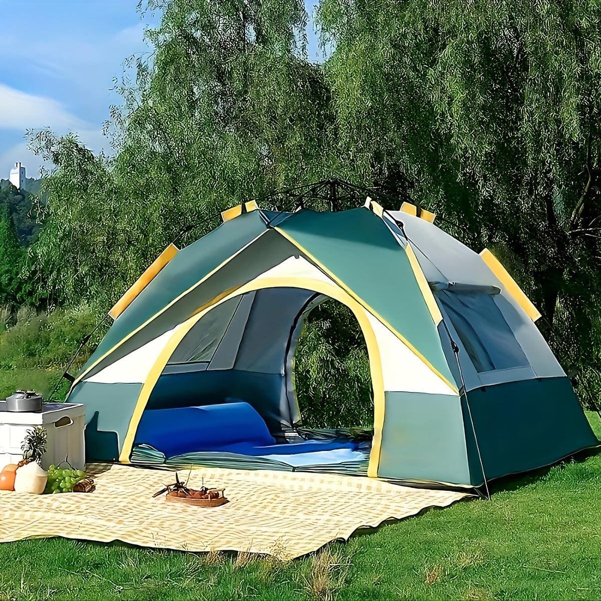 4-Person Pop-Up Camping Tent, Instant Setup with UV Protection, Insect Netting & Sunshade, Automatic Family Tent in Dark Green for Beach, Park, Camping, Hiking, and Outdoor Adventures, Featuring Sturdy Zippers & Support Poles