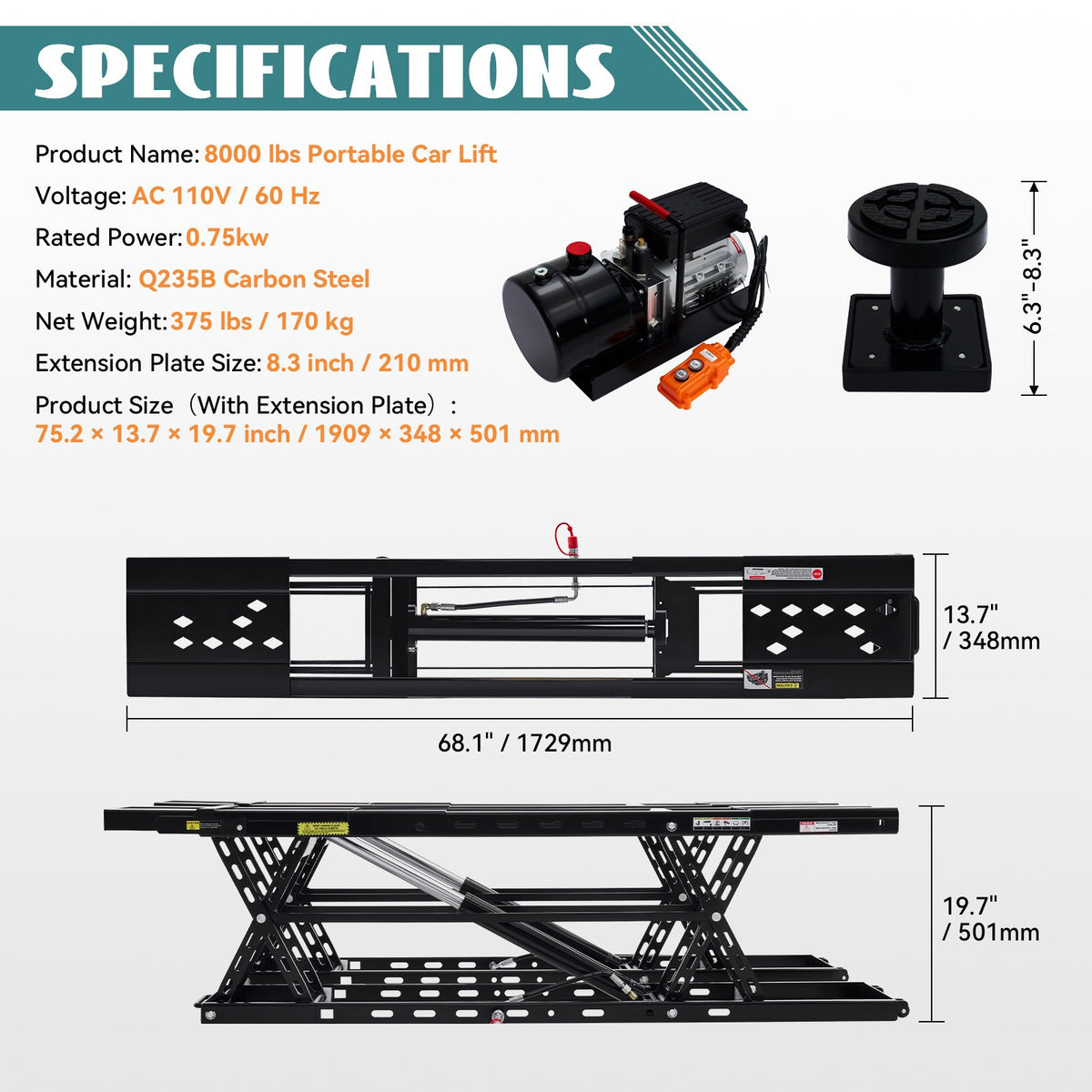 Portable Car Lift 5000–8000 LBS Capacity Hydraulic Low-Profile Jack Stand 26–28" Max Lift Height for Home Garage Auto Repair Shop & Workshop – Black or Orange
