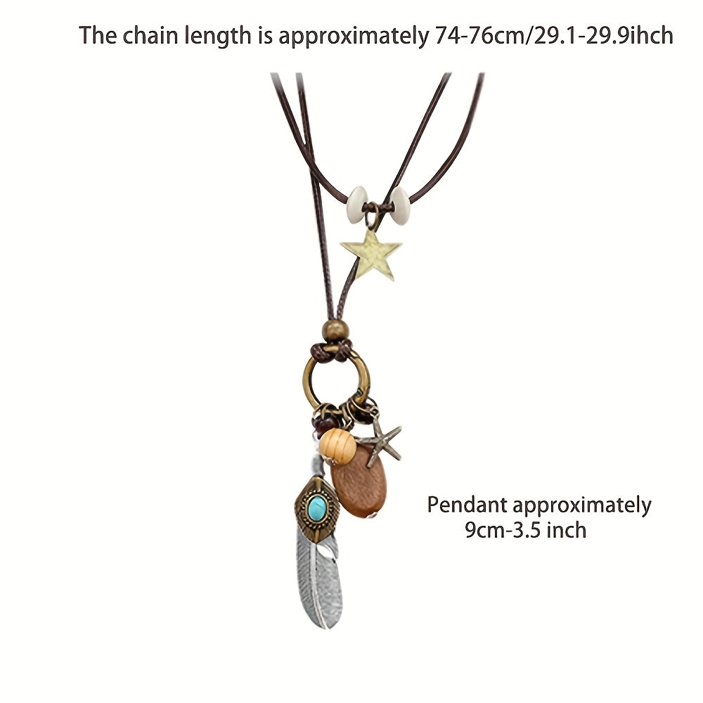 5-Piece Bohemian Layered Necklace Set for Women – Retro Boho Sweater Chain Y-Shaped Necklace with Feather, Leaf, Butterfly, and Star Pendants, Fashionable Stackable Jewelry Gift for Daily Wear and Banquets