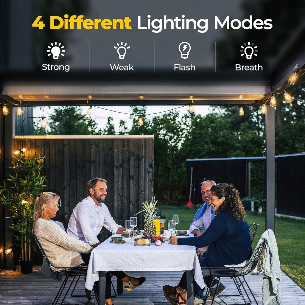 Solar LED String Lights Outdoor Waterproof 50FT & 100FT – ST38 Shatterproof Dimmable Bulbs, USB-C & Solar Powered, 4 Modes, for Patio, Yard, Pool, Garden, Wedding, Camping, and Christmas Decor
