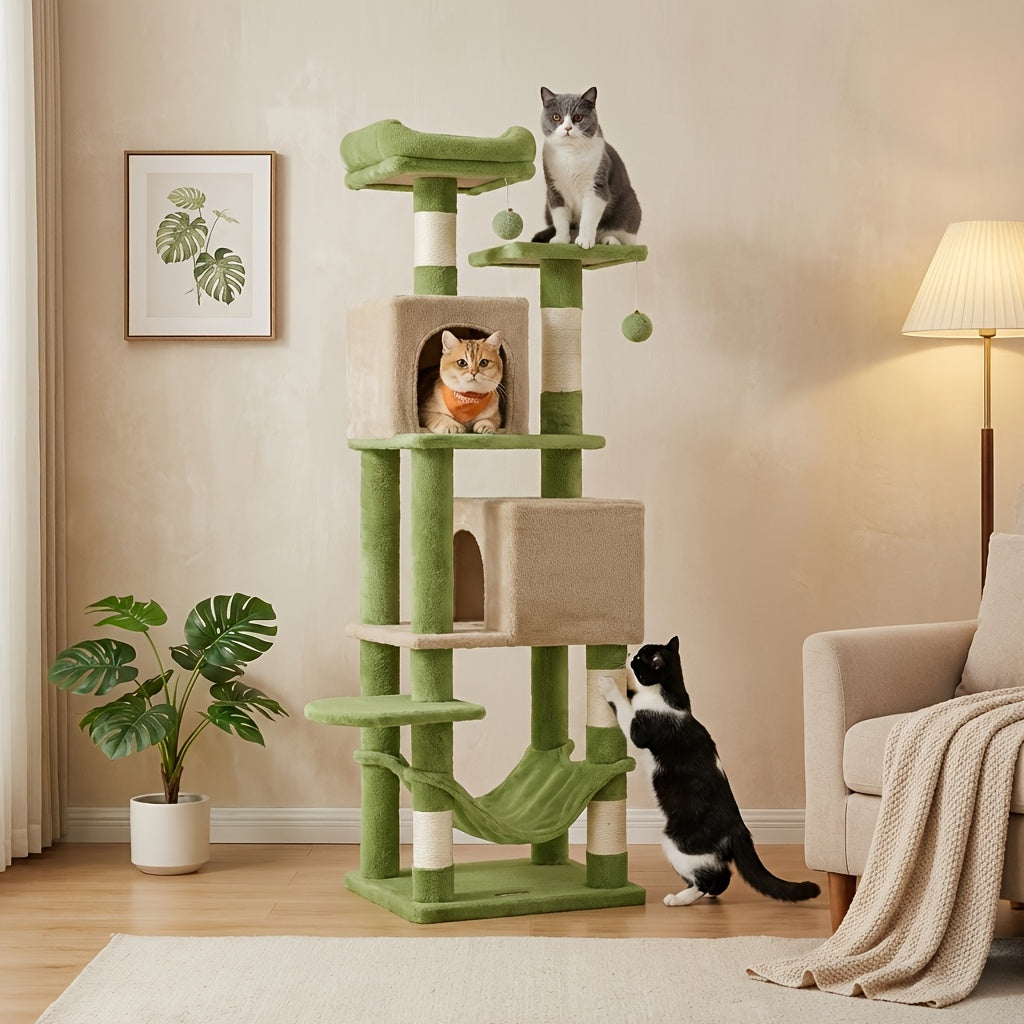 61-Inch Multi-Level Cat Tree Tower – Plush Cat Condo with 5 Scratching Posts 2 Perches 2 Caves Hammock & Pompoms for Indoor Cats in 7 Colors
