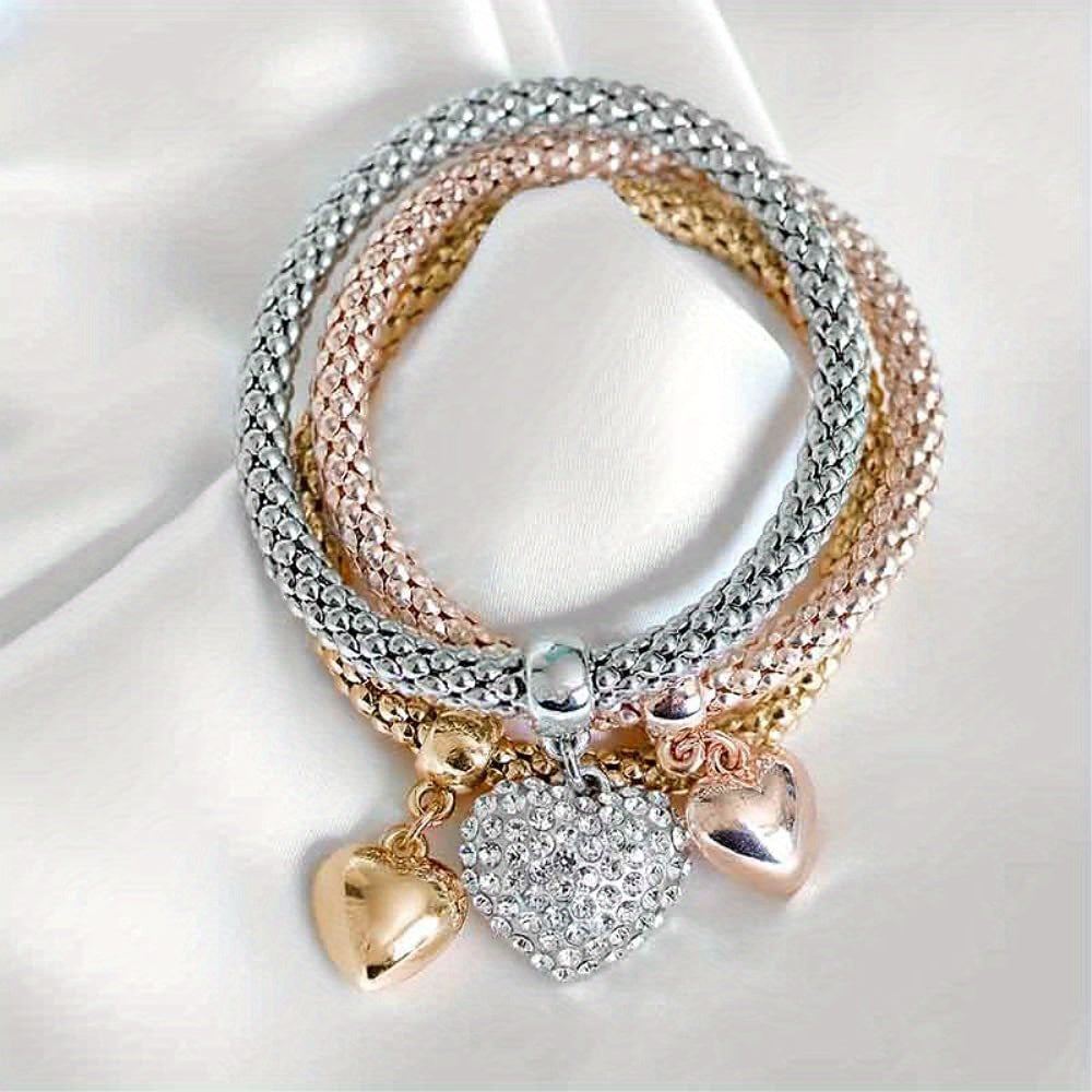 3PC Stainless Steel Stackable Bracelet Set for Women – Gold, Silver, & Rose Gold Wheat Chain & Heart Tree of Life Elastic Bracelet, Hypoallergenic Daily & Party Wear