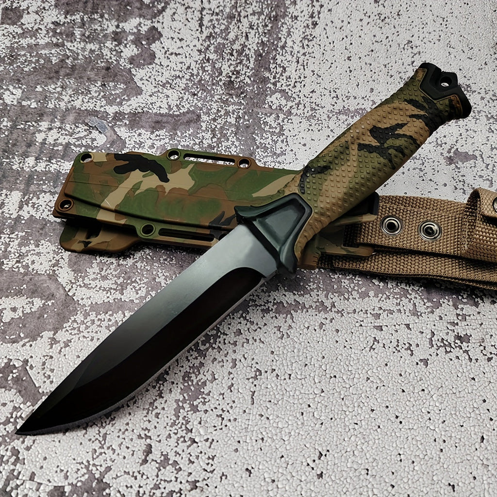 Outdoor Fixed Blade Knife – Stainless Steel Straight Blade, Non-Slip Handle, K-Sheath, EDC Hunting, Fishing, Camping, Survival Knife, Camouflage, Multi-Purpose Field Tool for Men