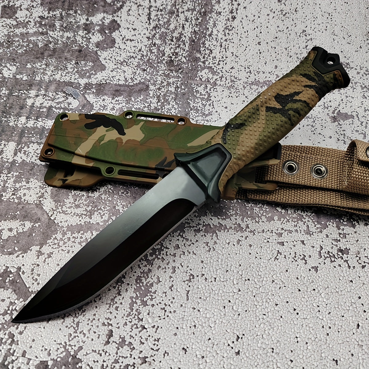 Outdoor Fixed Blade Knife – Stainless Steel Straight Blade, Non-Slip Handle, K-Sheath, EDC Hunting, Fishing, Camping, Survival Knife, Camouflage, Multi-Purpose Field Tool for Men