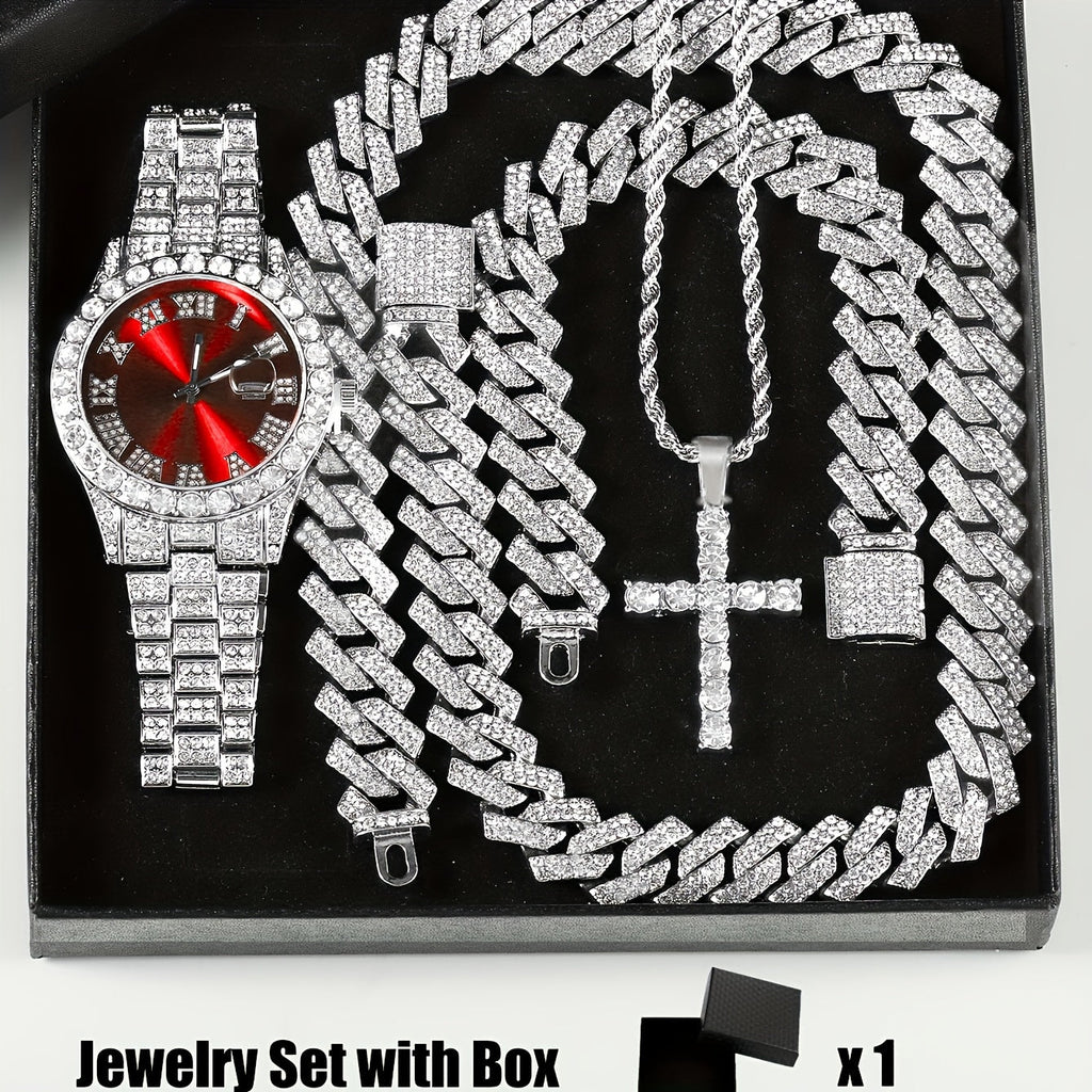 4-Piece Rhinestone Watch and Cross Pendant Jewelry Set, Quartz Analog Wristwatch, Necklace, Bracelet, and Earrings, Unisex Gift for Him or Her, Wedding
