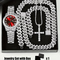 4-Piece Rhinestone Watch and Cross Pendant Jewelry Set, Quartz Analog Wristwatch, Necklace, Bracelet, and Earrings, Unisex Gift for Him or Her, Wedding
