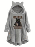 Cat Ear Teddy Fleece Hoodie Women Funny Cat Slogan Print - Cozy Fluffy Sweatshirt with Button Detail, "Coffee Because Murder Is Wrong" Graphic Hoodie, Grey Burgundy Black S-XXL