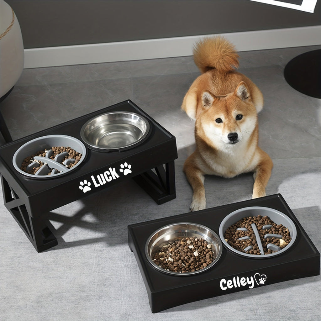 Personalized Elevated Stainless Steel Dog Bowl with Slow Feeder and Height-Adjustable Double Feeding Station for Medium to Large Dogs and Cats