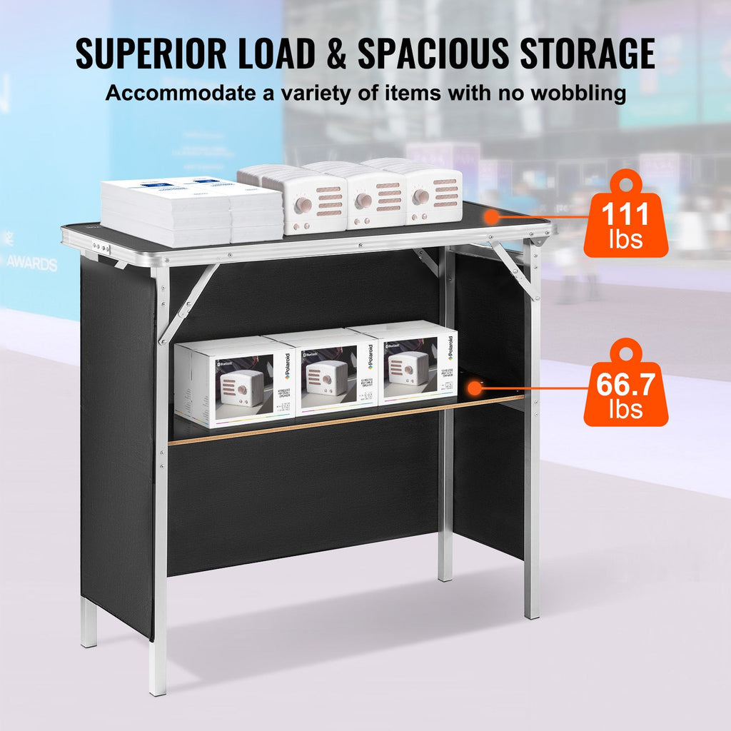Portable Tradeshow Podium & Display Counter, 38.4"x15.2"x34.3", 111 lbs Top / 66.7 lbs Shelf, 4-Leg Aluminum Alloy & MDF, Foldable, Storage Rack, Polyester Cloth & Carrying Bag Included, for Trade Show, Expo & Event