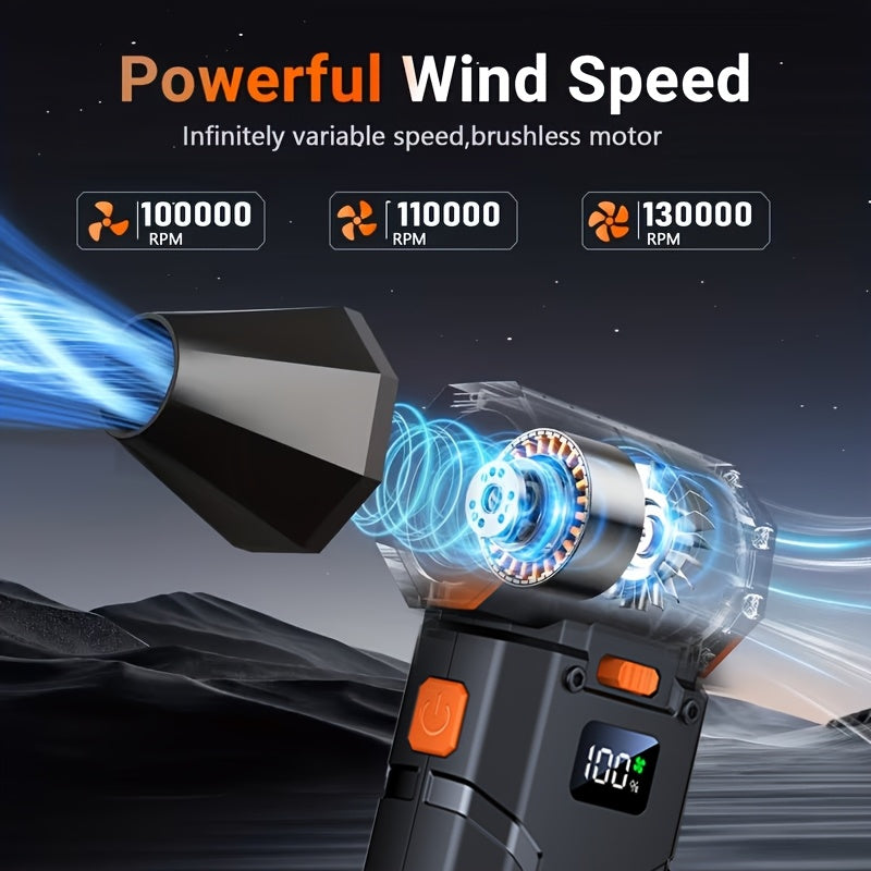 130,000 RPM Turbo Fan Blower with USB-C Fast Charging, Smart Display & LED Light – 100 Wind Speed Settings for Car Cleaning, Dust Removal, Leaf Blowing, BBQ & Cooling – Black & Orange