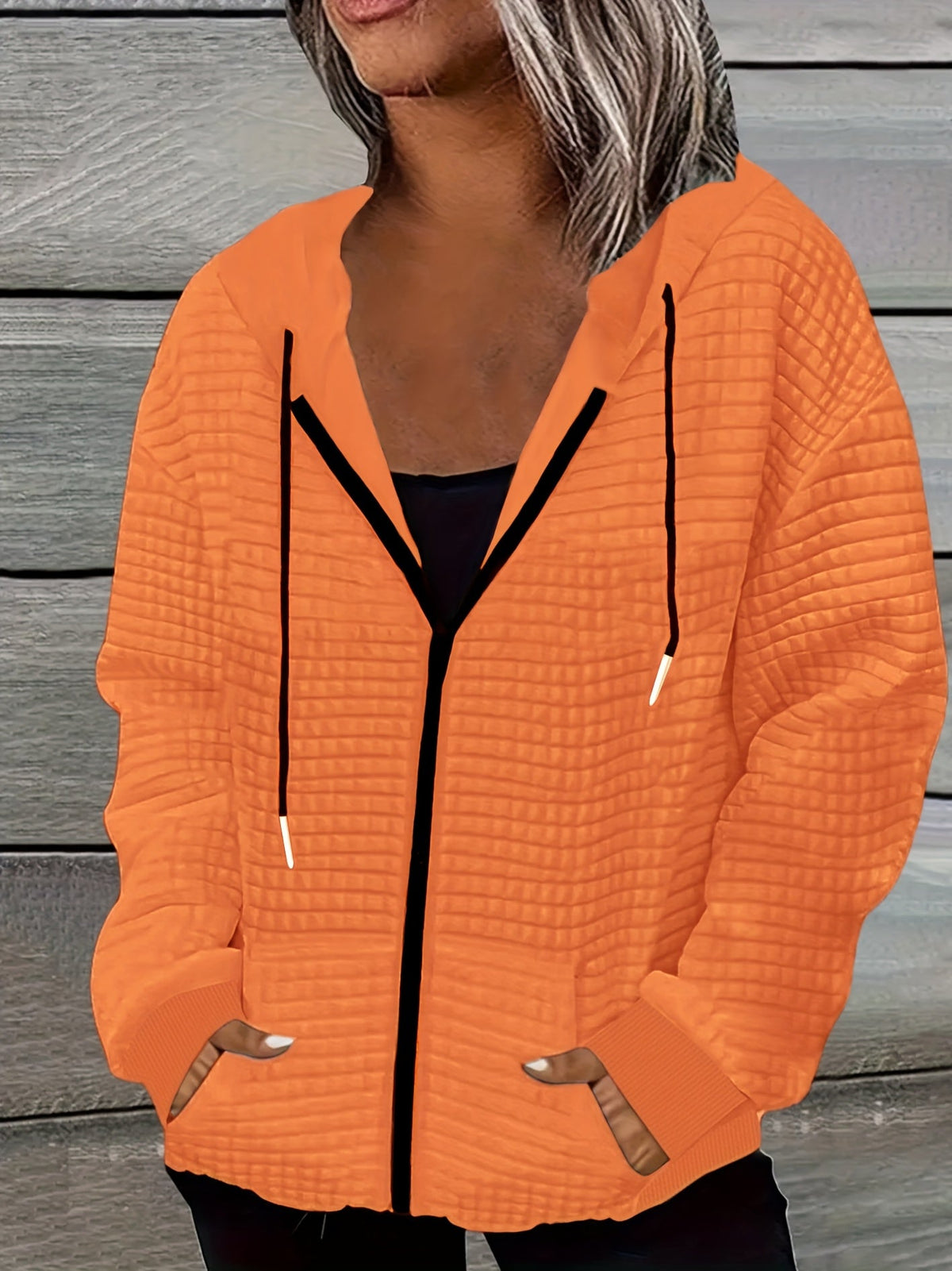 Women's Dog Print Zip-Up Hoodie, Waffle Knit Casual Sweatshirt with Drawstring and Geometric Pattern – 100% Polyester, Machine Washable, S-XXL, Pink/Black/Grey/Orange-Red