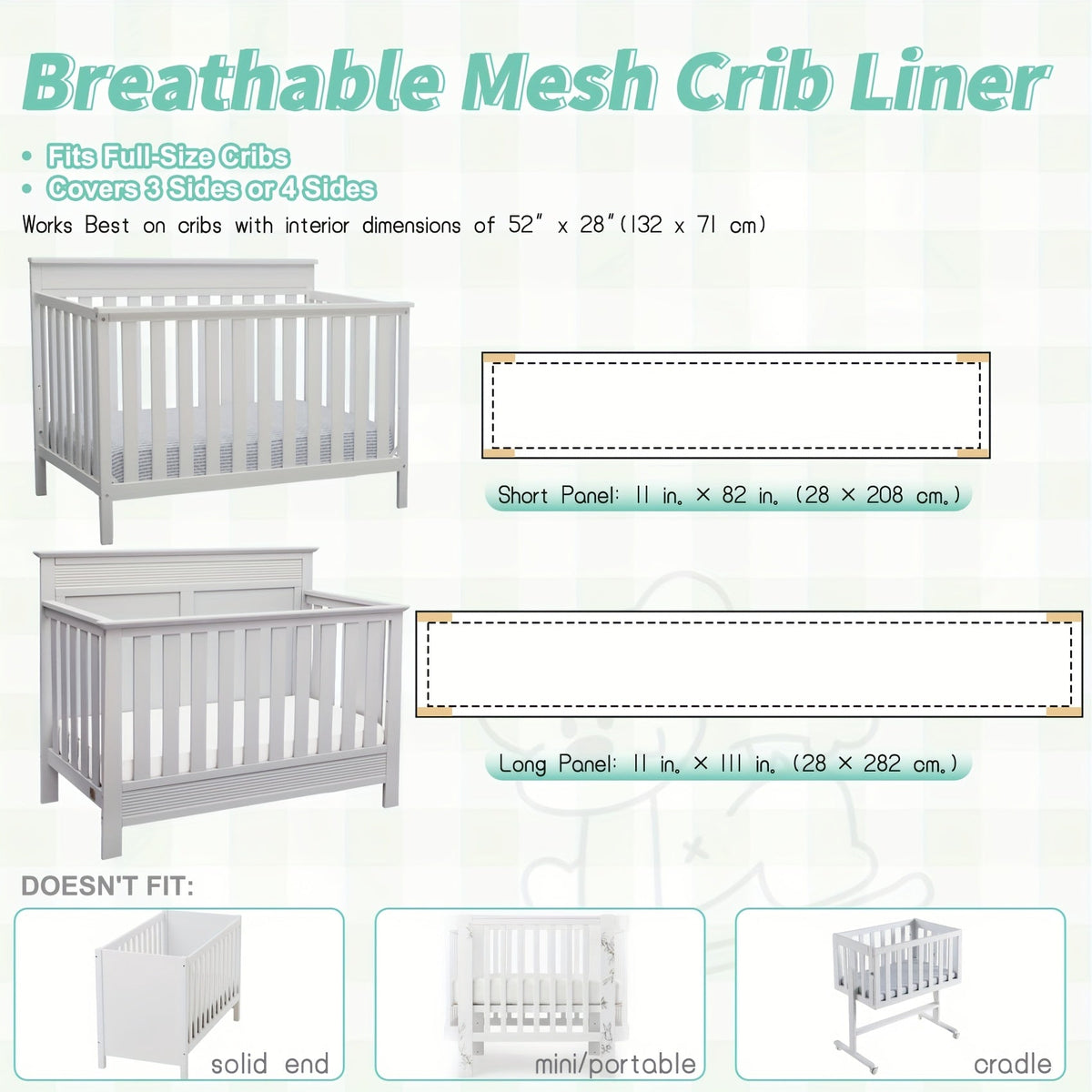 Breathable Crib Mesh Liner, 3mm Single-Layer Breathable Mesh Crib Bumper Liner that Protects Baby Legs & Arms, Fits 3- or 4-Sided Full-Size Cribs, Safe & Compliant, White Grey & Sakura Pink