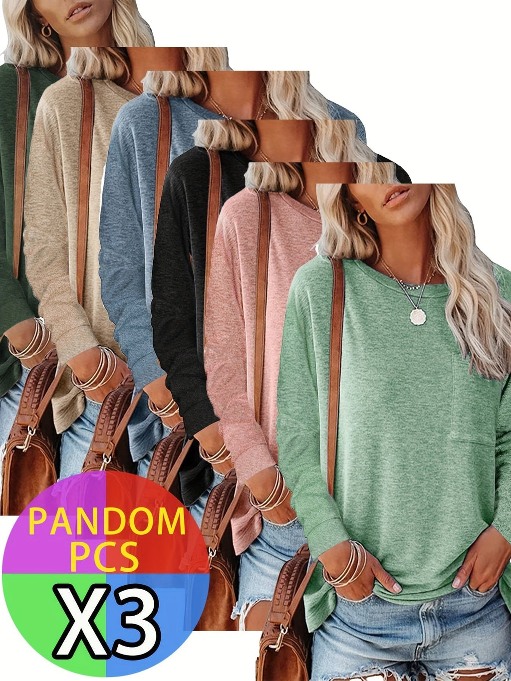 Women's Long Sleeve T-Shirt 3-Pack Set – Soft Casual Basic Layering Tops with Chest Pocket & Split Hem – Warm Comfortable Tees for Women S M L XL XXL Fall Winter