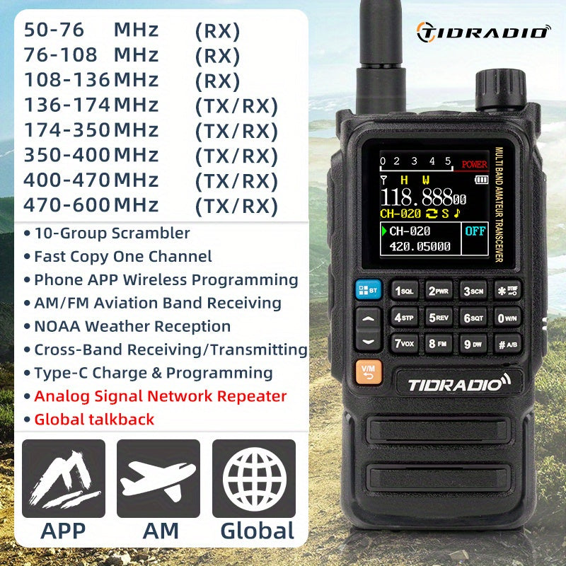 TIDRADIO H3 Plus Ham Radio Multi-Band Two-Way Radio 5W VHF UHF AM FM NOAA Smartphone Programming USB-C 2500mAh with Wireless Headset SMS & Repeater for Camping & Emergency