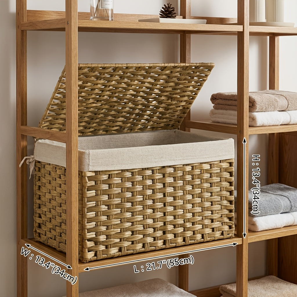 Large Foldable Storage Basket with Lid & Handles Removable Liner Metal Frame for Blankets Laundry Bedroom – 9.25 / 17.2 / 42.3 Gal – Natural Brown & Gray