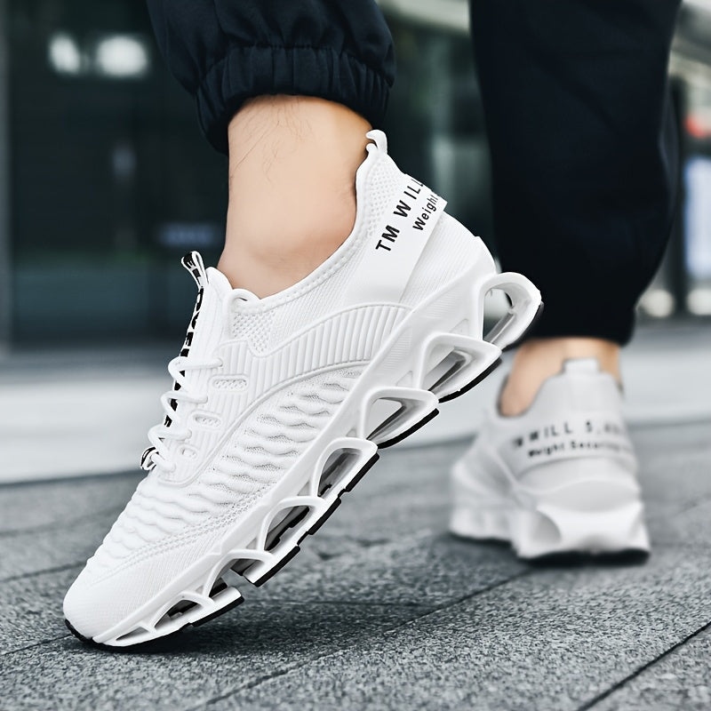 Men's Breathable Running Shoes, Lightweight Fish Scale Fabric Upper, Durable Outsole, Low-Top for Running, Hiking, Walking, Casual Sports, White/Black, US 7-13.5