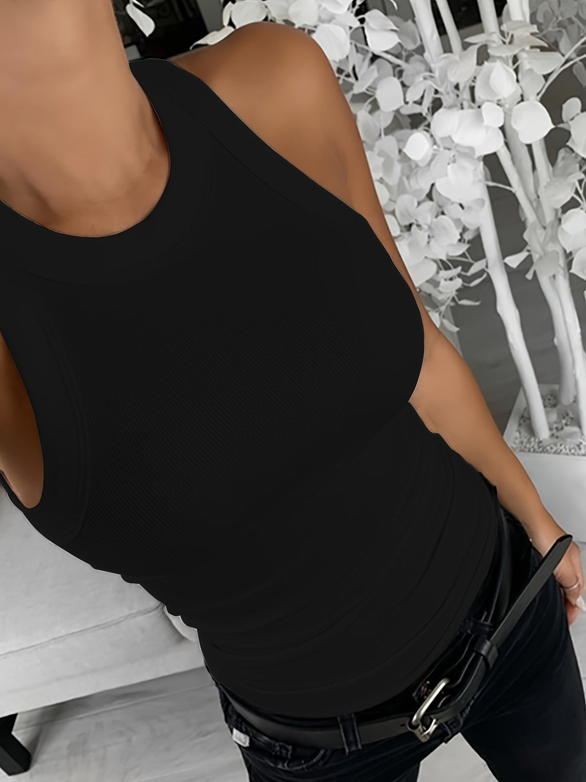 Women's Solid Color Sleeveless Round Neck Fitted Stretch Basic Tank Top for Spring and Summer Casual Everyday Wear, Black White Brown