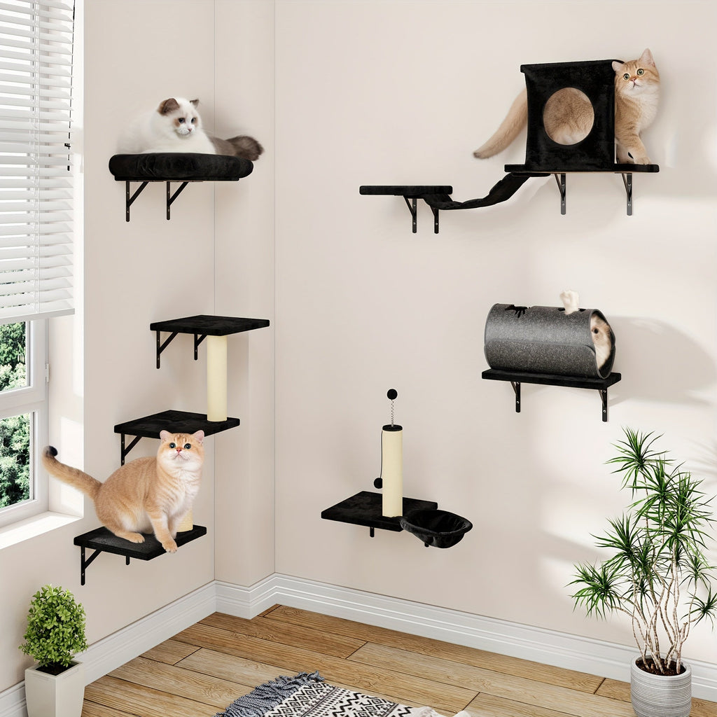 7-Piece Wall-Mounted Cat Climbing Shelf Set – Deluxe Indoor Cat Furniture with Cat Condo, Wall Shelves, Scratching Post, Bridge Ladder & Tunnel, Space-Saving Cat Wall Playground for All Cat Sizes