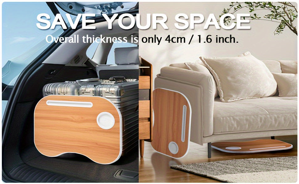 Laptop Desk with USB Port, Storage Drawer & Cup Holder – Walnut Wood Bed Tray Table for Eating, Writing, Sofa, Couch, Adults, and Students