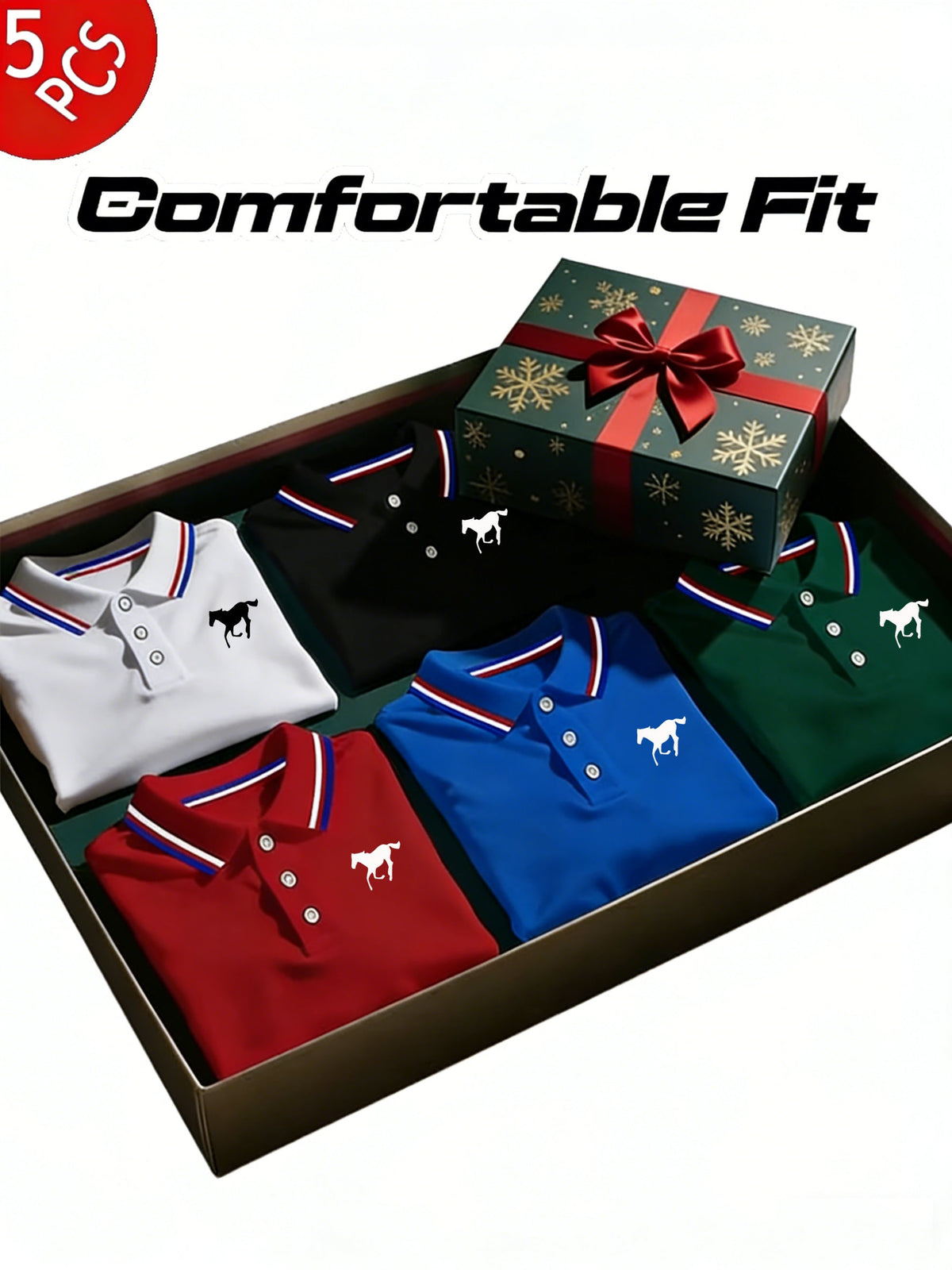 5-Piece Men's Polo Shirt Set - Solid Short Sleeve, Horse Print & Contrast Collar - Breathable Casual, Golf & Daily Wear - S–XXL - White, Black, Red, Navy Blue & Bean Green