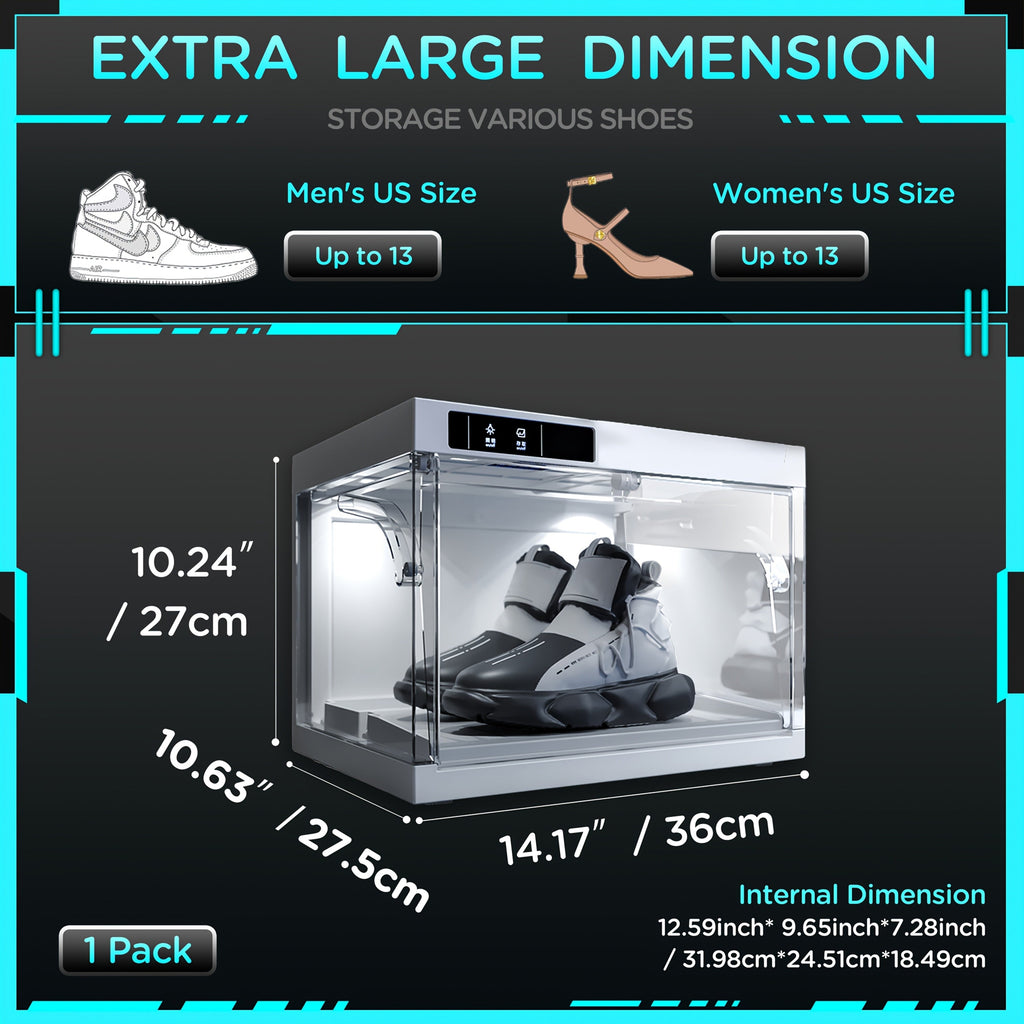 LED Shoe Storage Box Transparent Stackable with Auto-Open Lid, Intelligent Control Clear Plastic Sneaker Display Case for Sports Shoe Collection & Wardrobe Closet Organization, White 1 or 4 Pack