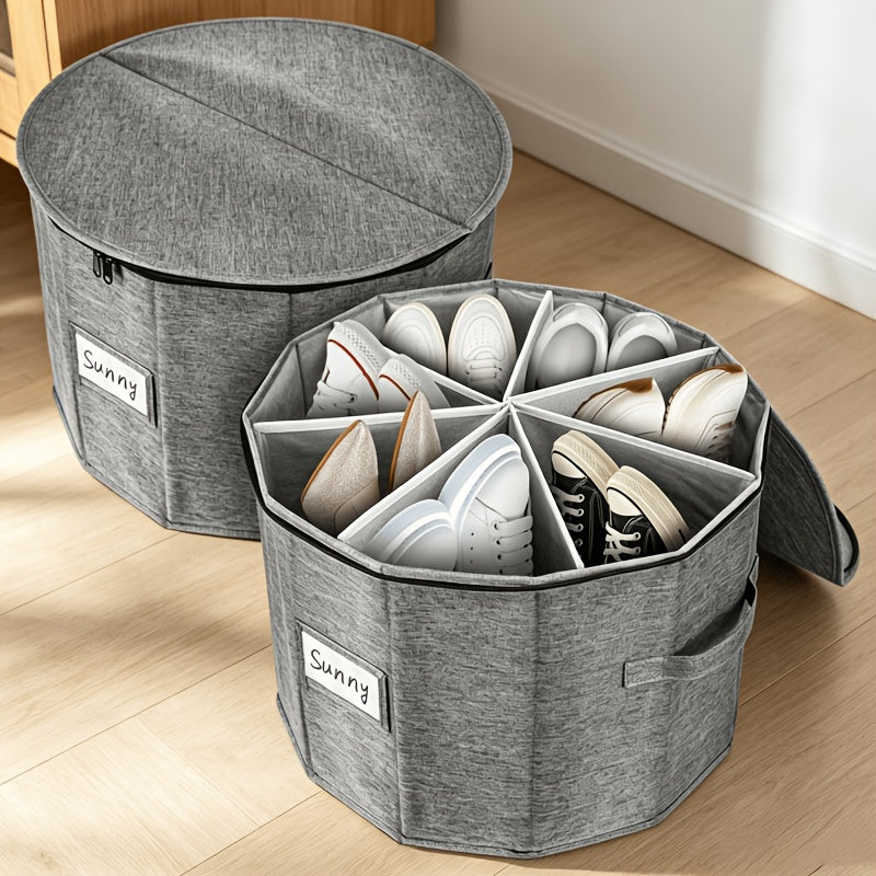 Round Divided Shoe Storage Bin Foldable Fabric Zipper Lid Compartments Carry Handle Dust Proof Shoe Organizer for Closet Bedroom Entryway Grey